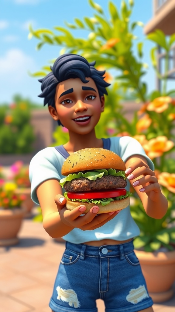 A Sim in the Sims 4 holding a burger in a sunny garden.